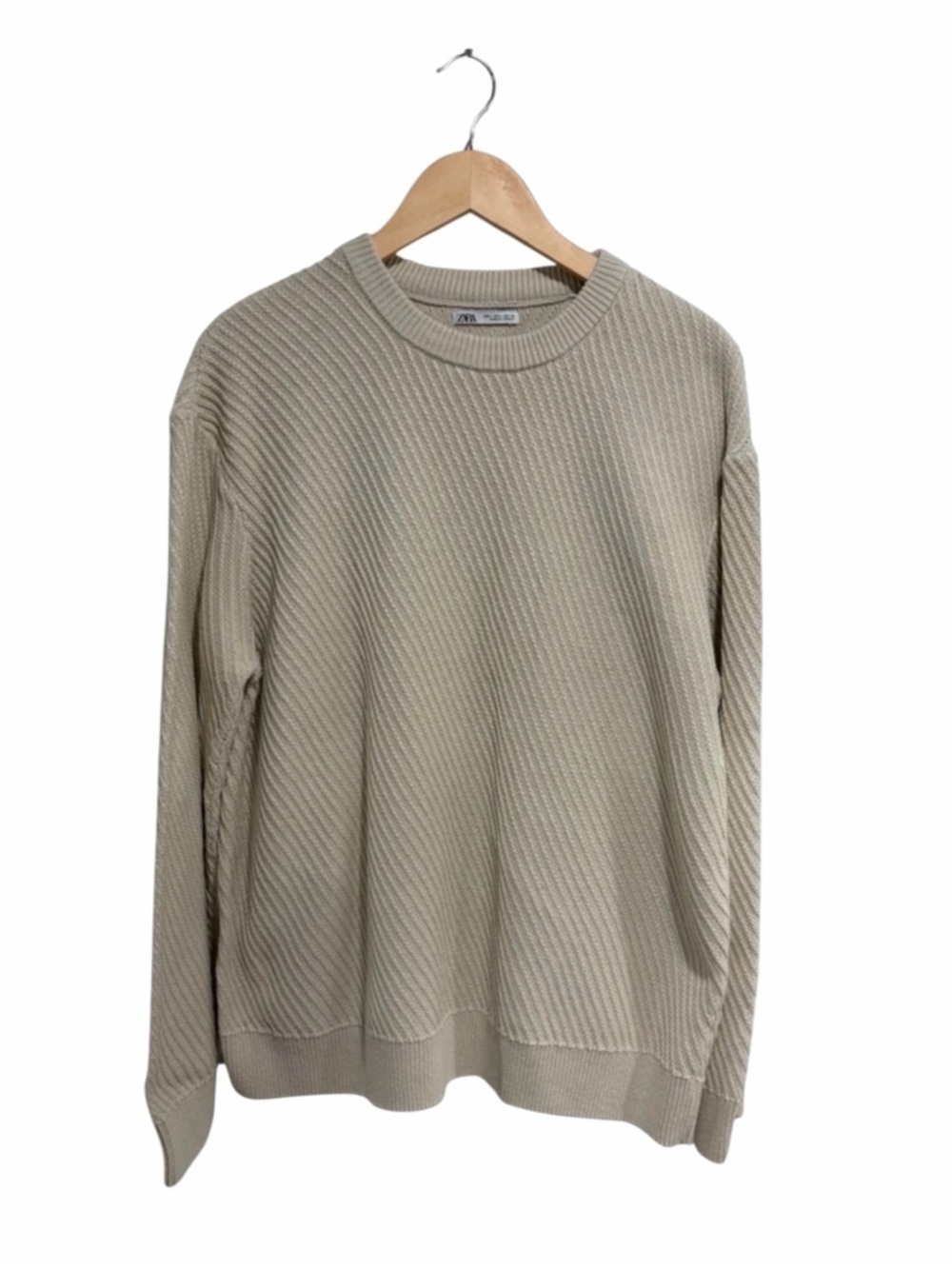 Zara Men’s Cream Textured Long Sleeve Crewneck Sweater 100% Cotton